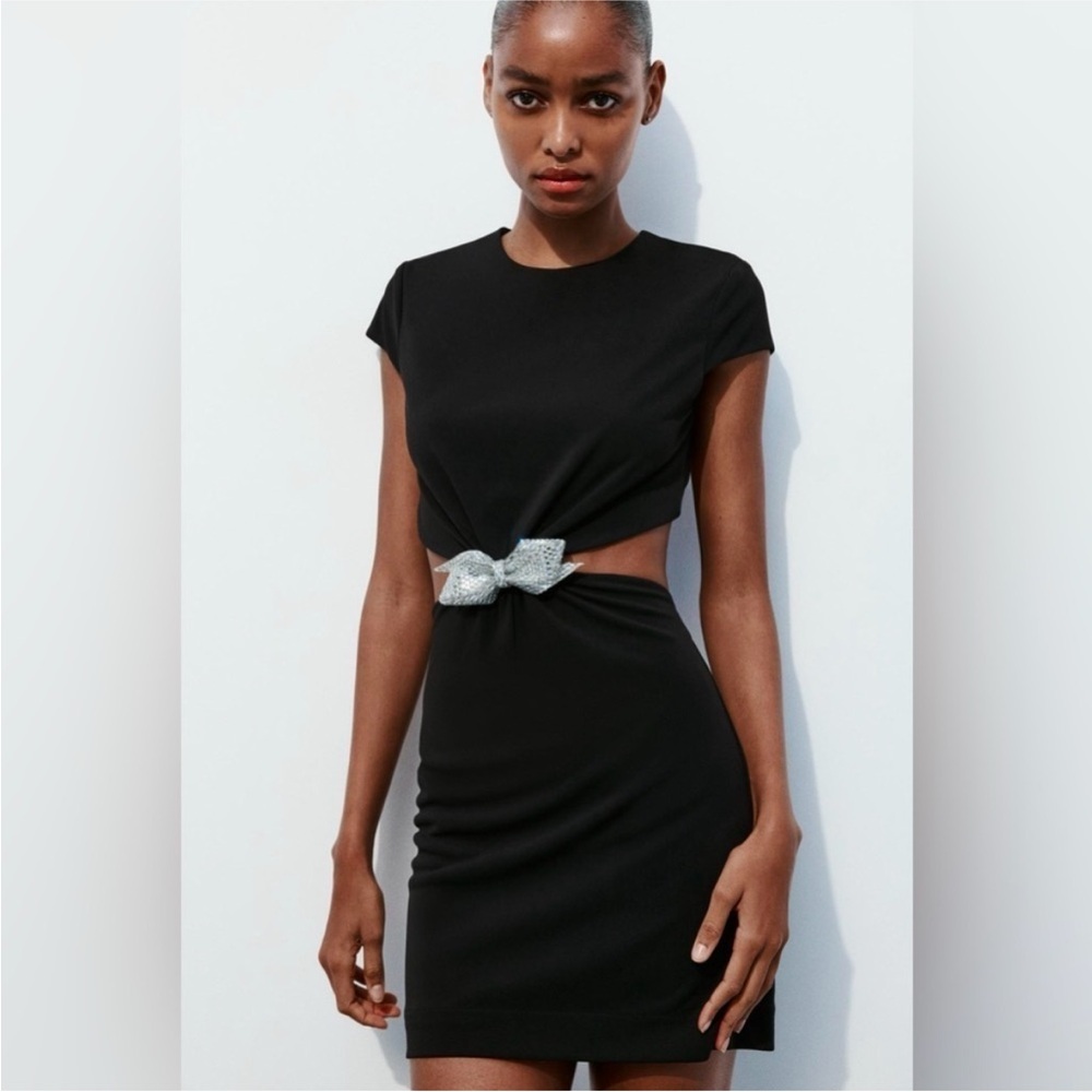 NWT Zara black Jewel Bow Cut Out mini Dress Black silver open back xs